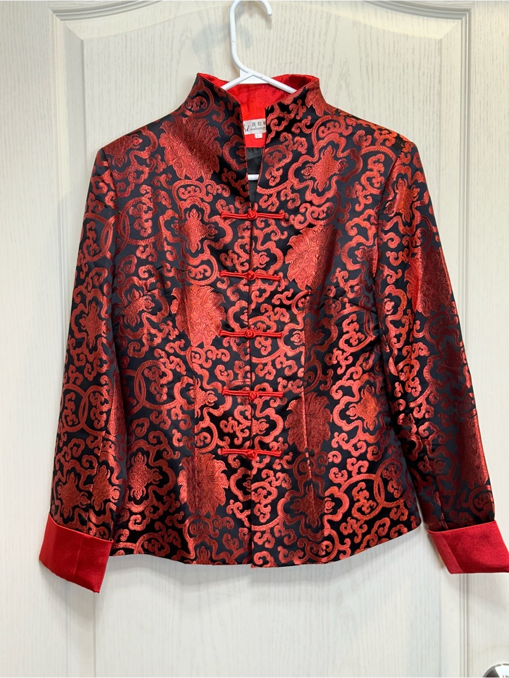 HuahongMei Vintage Red & Black Satin Brocade Chinese Tang Suit Jacket sz L